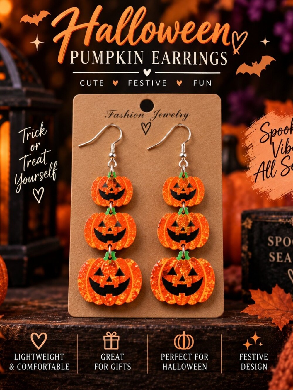 Halloween Pumpkin Dangle Earrings - Orange Jack-O'-Lanterns